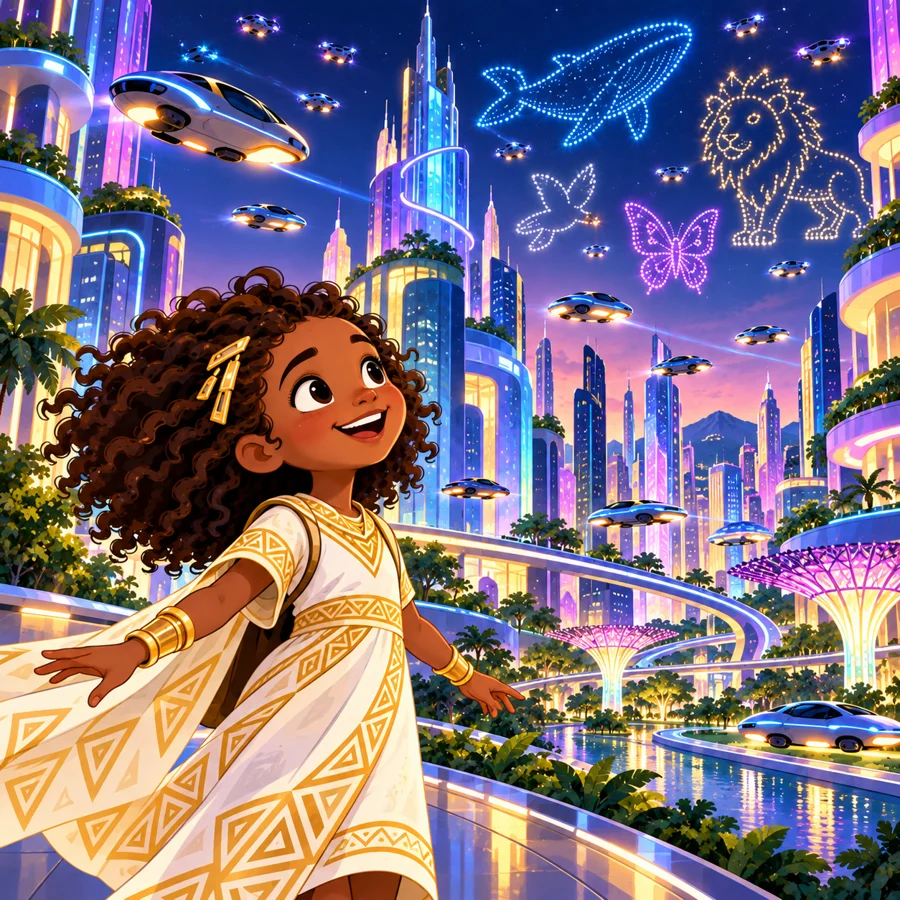 Ayo contempla os prédios luminosos e desenhos de luz no céu de Luminara.